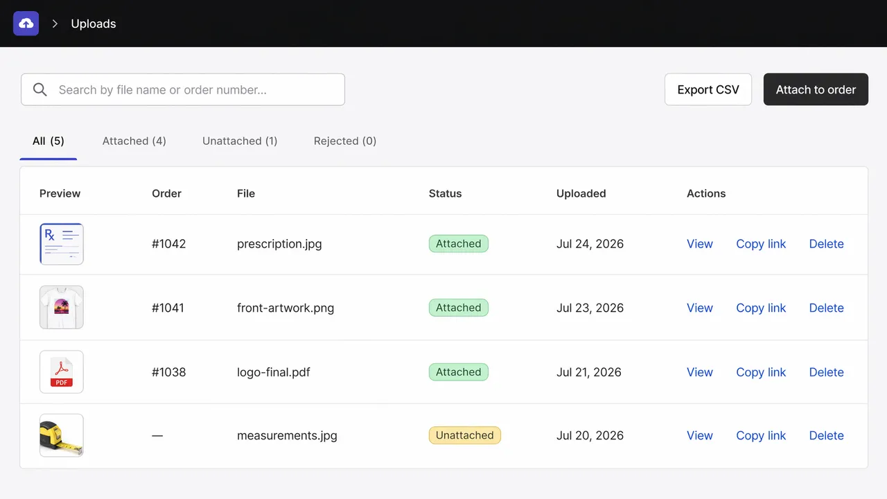 Uploads list showing files attached to orders
