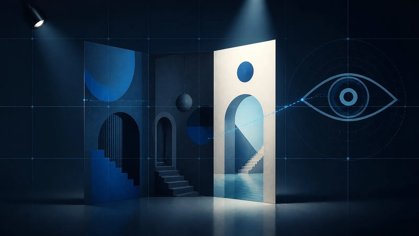 Trifold brochure standing like architecture under gallery lighting with a grid overlay and an eye icon scanning its panels