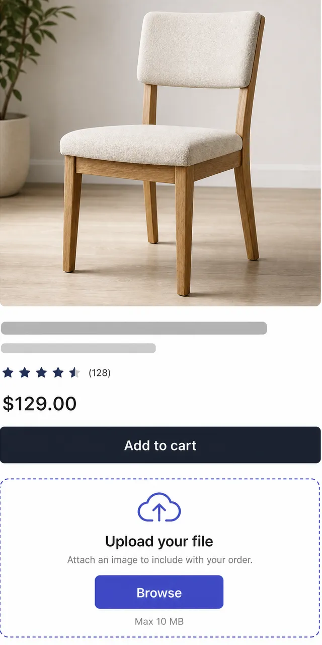 Mobile product page with the upload field