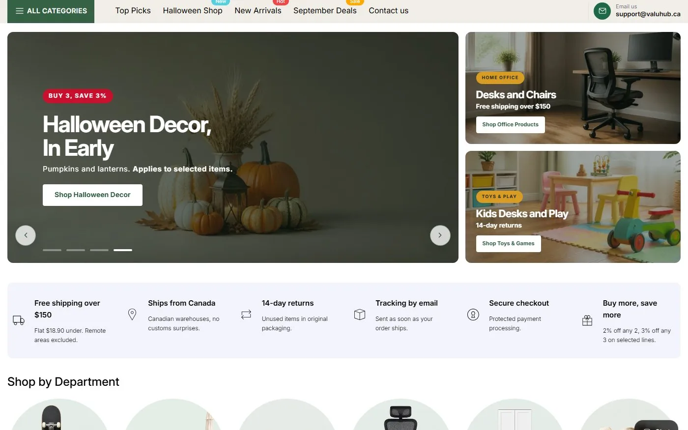 ValuHub Canada Shopify storefront homepage with its category navigation